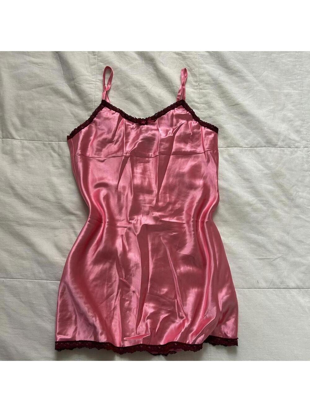 Guess Pink Satin Burgundy Lace Trim Slip Tank Y2K Size L
